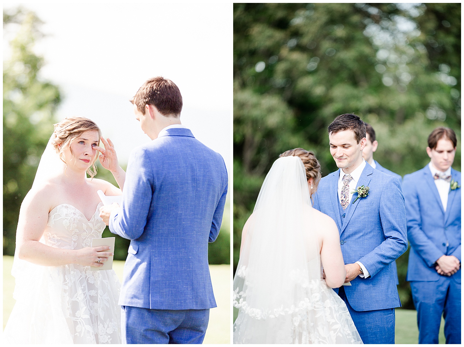 Bride and groom special moment during ceremony in Outdoorsy Summer Wedding at North Carolina Lakehouse in the Mountains | check out the full wedding at KevynDixonPhoto.com