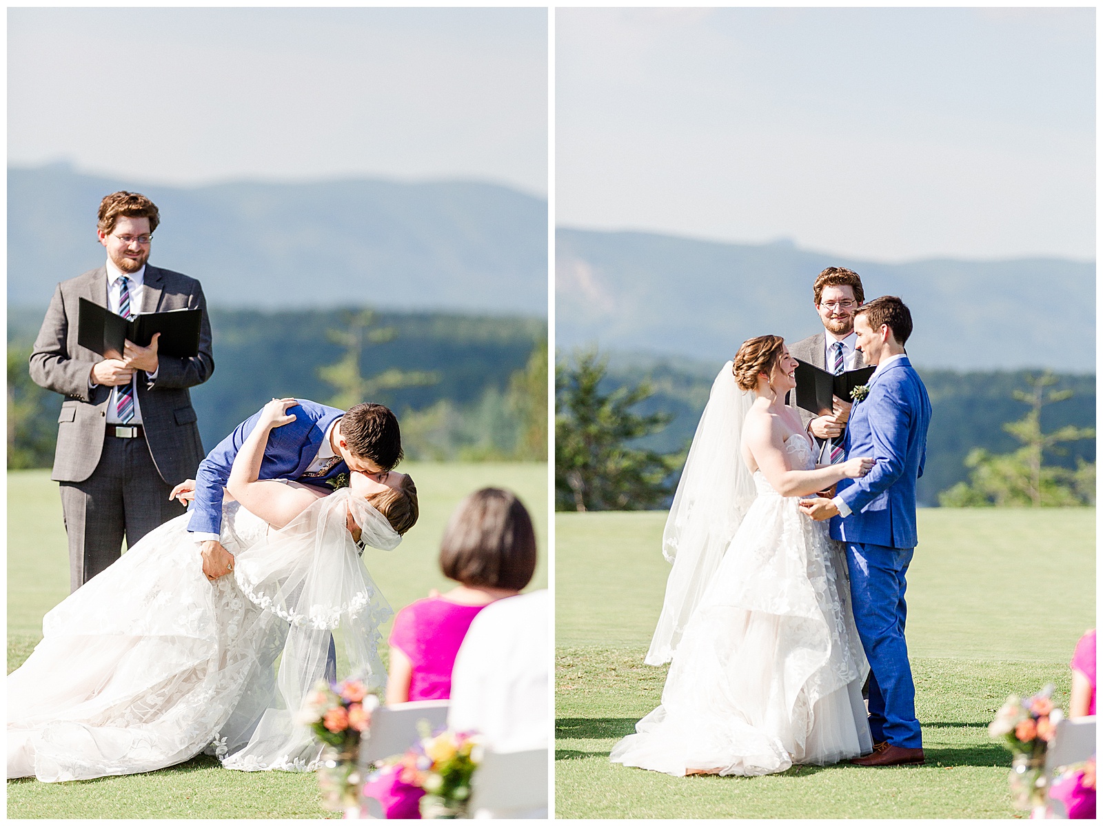 Bride and groom first kiss during ceremony in Outdoorsy Summer Wedding at North Carolina Lakehouse in the Mountains | check out the full wedding at KevynDixonPhoto.com