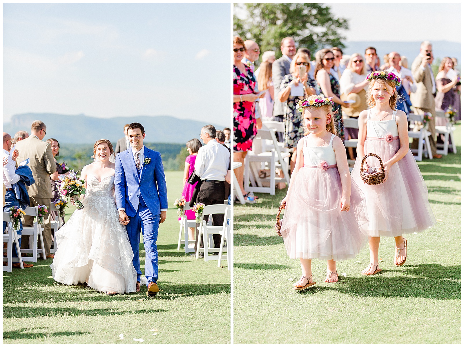 Bride and groom just married and cute flower girls in fluffy pink dresses in Outdoorsy Summer Wedding at North Carolina Lakehouse in the Mountains | check out the full wedding at KevynDixonPhoto.com