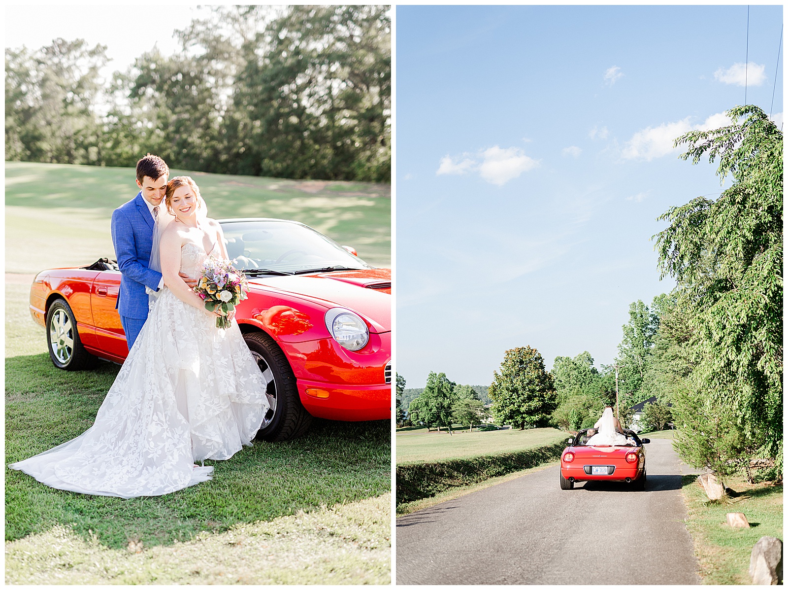 Bride and groom drive to reception in Red Ford Thunderbird from Outdoorsy Summer Wedding at North Carolina Lakehouse in the Mountains | check out the full wedding at KevynDixonPhoto.com