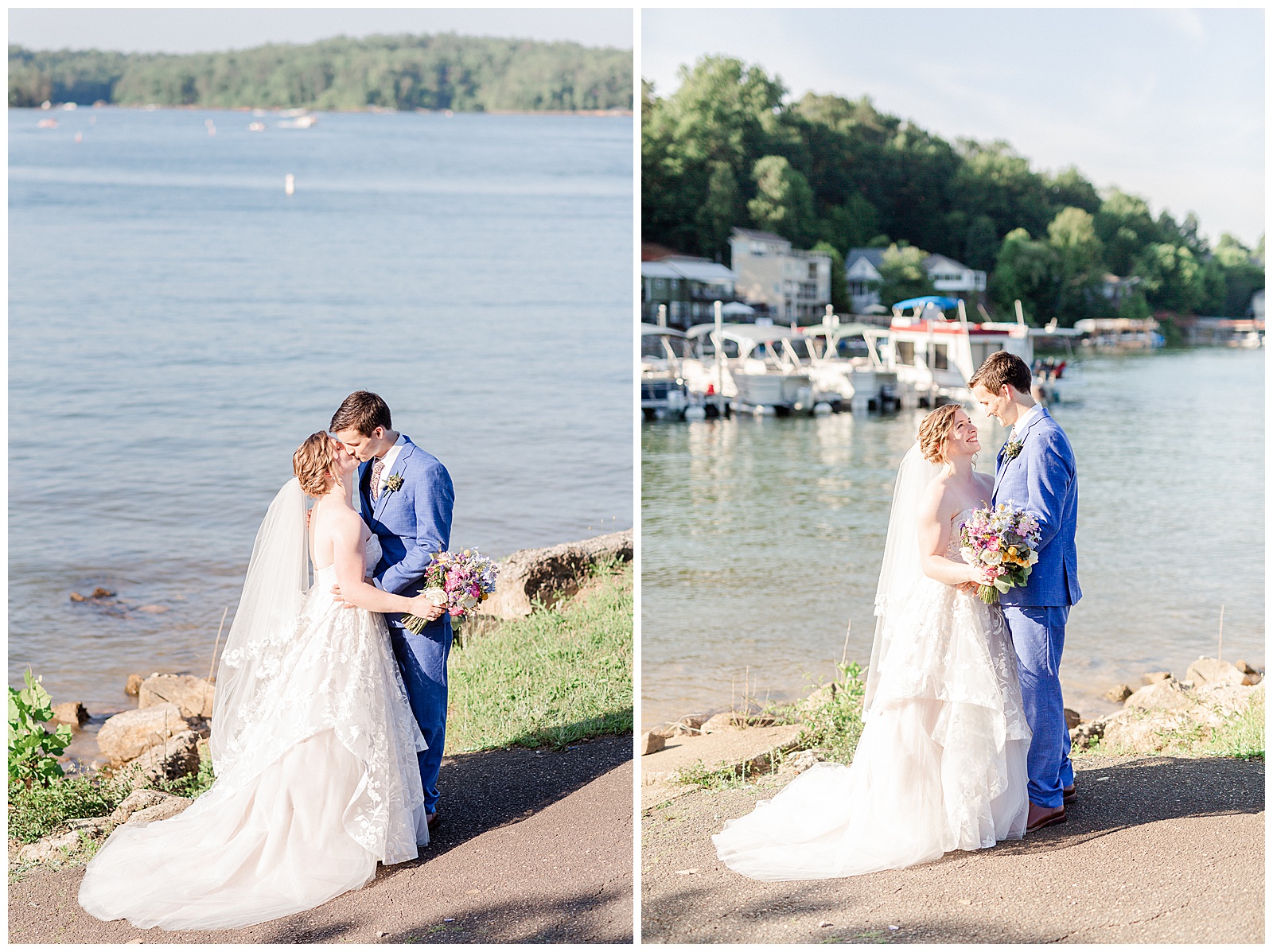 Bride and groom pause by the lake for photos from Outdoorsy Summer Wedding at North Carolina Lakehouse in the Mountains | check out the full wedding at KevynDixonPhoto.com