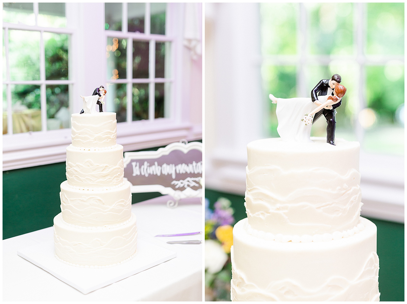 White tiered wedding cake with bride and groom figurines from Outdoorsy Summer Wedding at North Carolina Lakehouse in the Mountains | check out the full wedding at KevynDixonPhoto.com