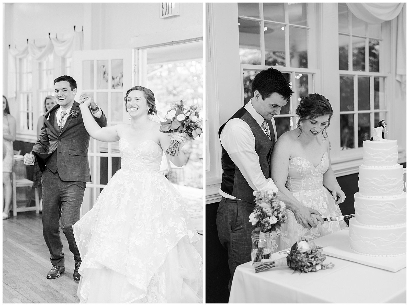 Bride and groom arrive at reception and cut the cake at Outdoorsy Summer Wedding at North Carolina Lakehouse in the Mountains | check out the full wedding at KevynDixonPhoto.com