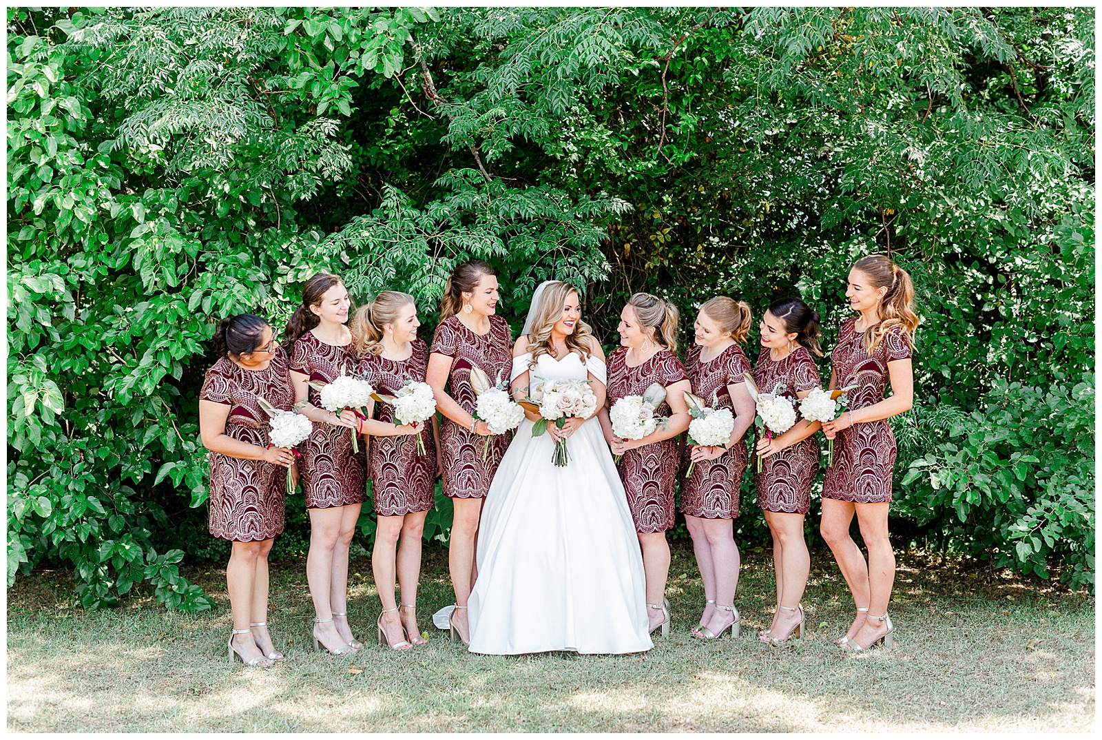 Red and Soft Pastel Pink Color Theme for Bridesmaid Gold and Red Dresses and Bridesmaid First Look from Summer Wedding in Charlotte, NC | check out the full wedding at KevynDixonPhoto.com