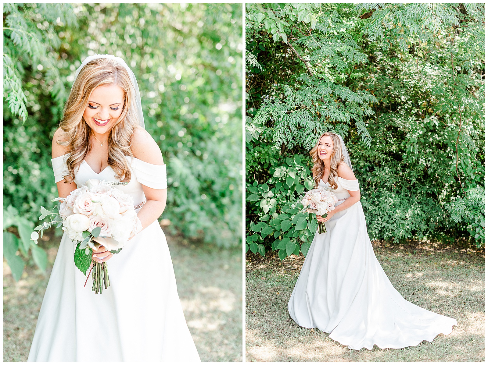 Elegant Off Shoulder Wedding Dress on Stunning Bride from Summer Wedding in Charlotte, NC | check out the full wedding at KevynDixonPhoto.com