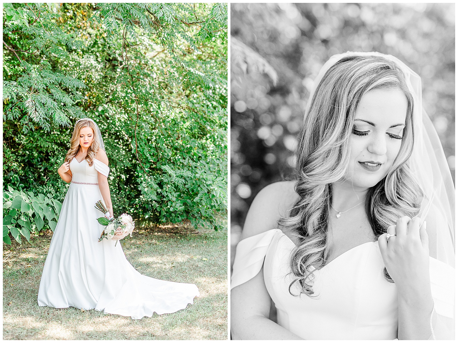 Elegant Off Shoulder Wedding Dress on Stunning Bride from Summer Wedding in Charlotte, NC | check out the full wedding at KevynDixonPhoto.com