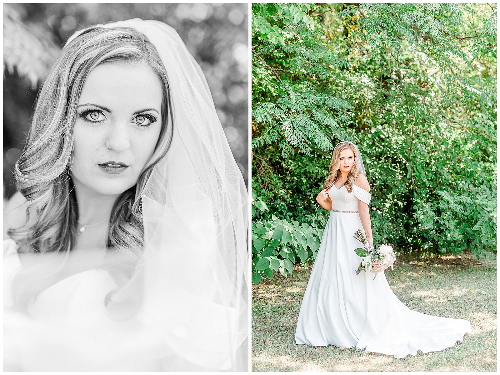 Elegant Off Shoulder Wedding Dress and Veil on Stunning Bride from Summer Wedding in Charlotte, NC | check out the full wedding at KevynDixonPhoto.com