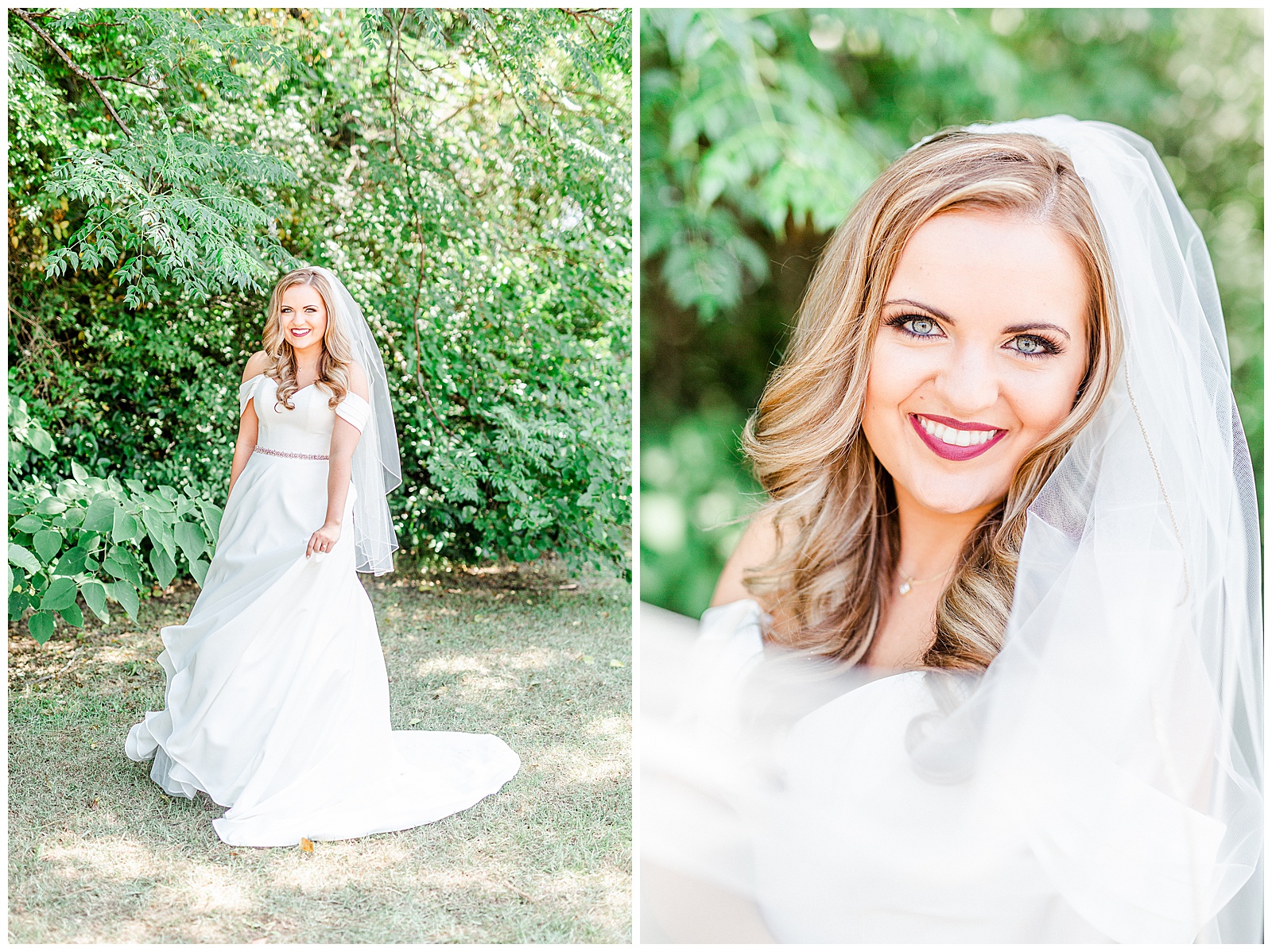 Elegant Off Shoulder Wedding Dress and Veil on Stunning Bride from Summer Wedding in Charlotte, NC | check out the full wedding at KevynDixonPhoto.com