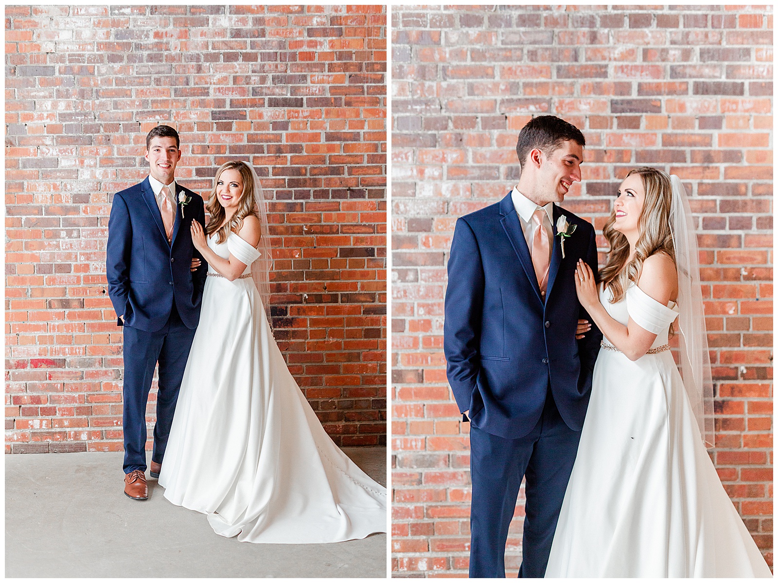 Adorable Bride and Groom Portraits against a red brick wall from Summer Wedding in Charlotte, NC | Check out the full wedding at KevynDixonPhoto.com