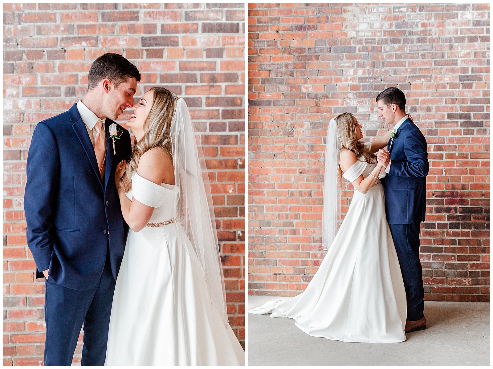 Adorable Bride and Groom Portraits against a red brick wall from Summer Wedding in Charlotte, NC | Check out the full wedding at KevynDixonPhoto.com