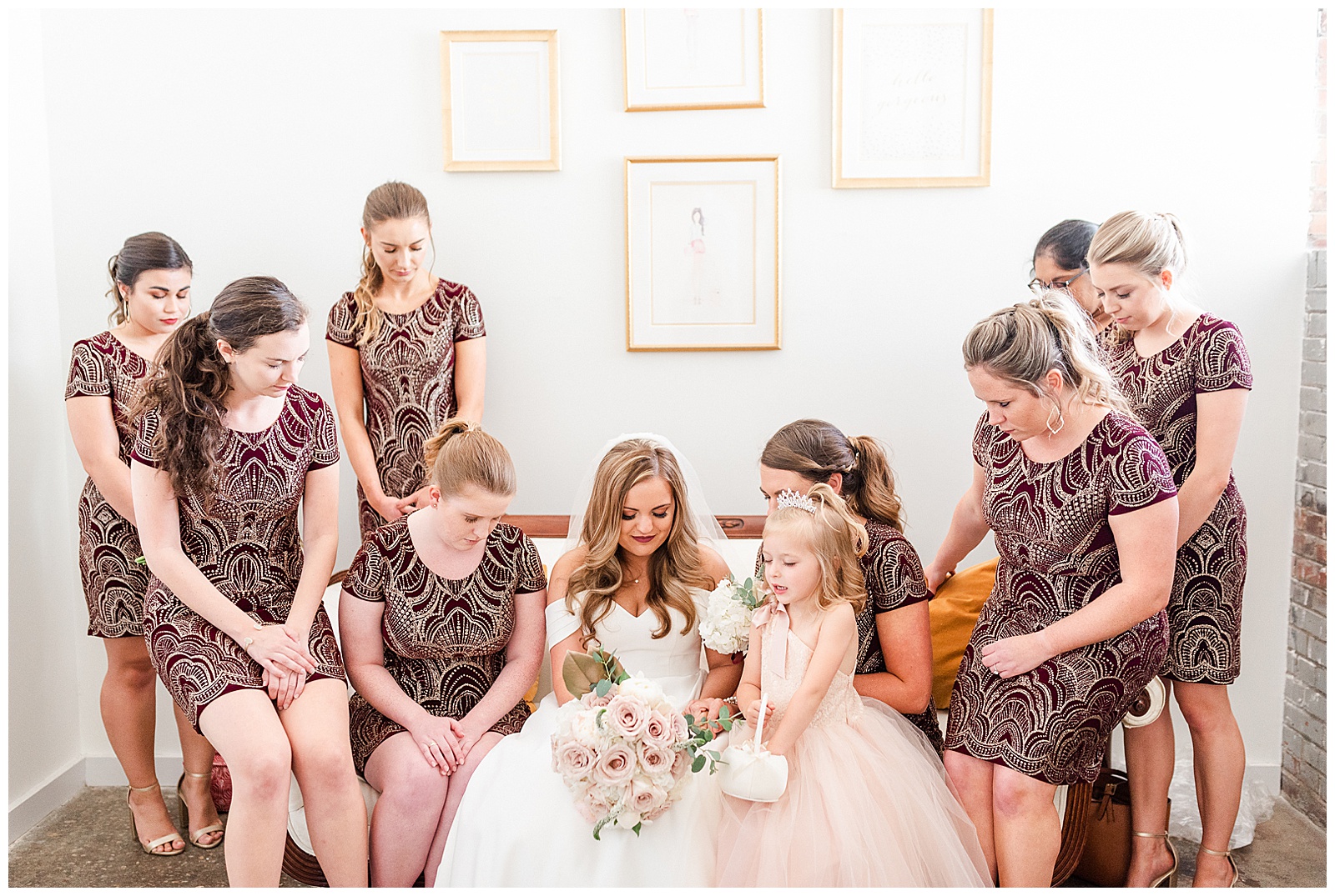 Bridesmaids and Bride Pray before the wedding with Red and Gold and Soft Pink color scheme from Summer Wedding in Charlotte, NC | Check out the full wedding at KevynDixonPhoto.com