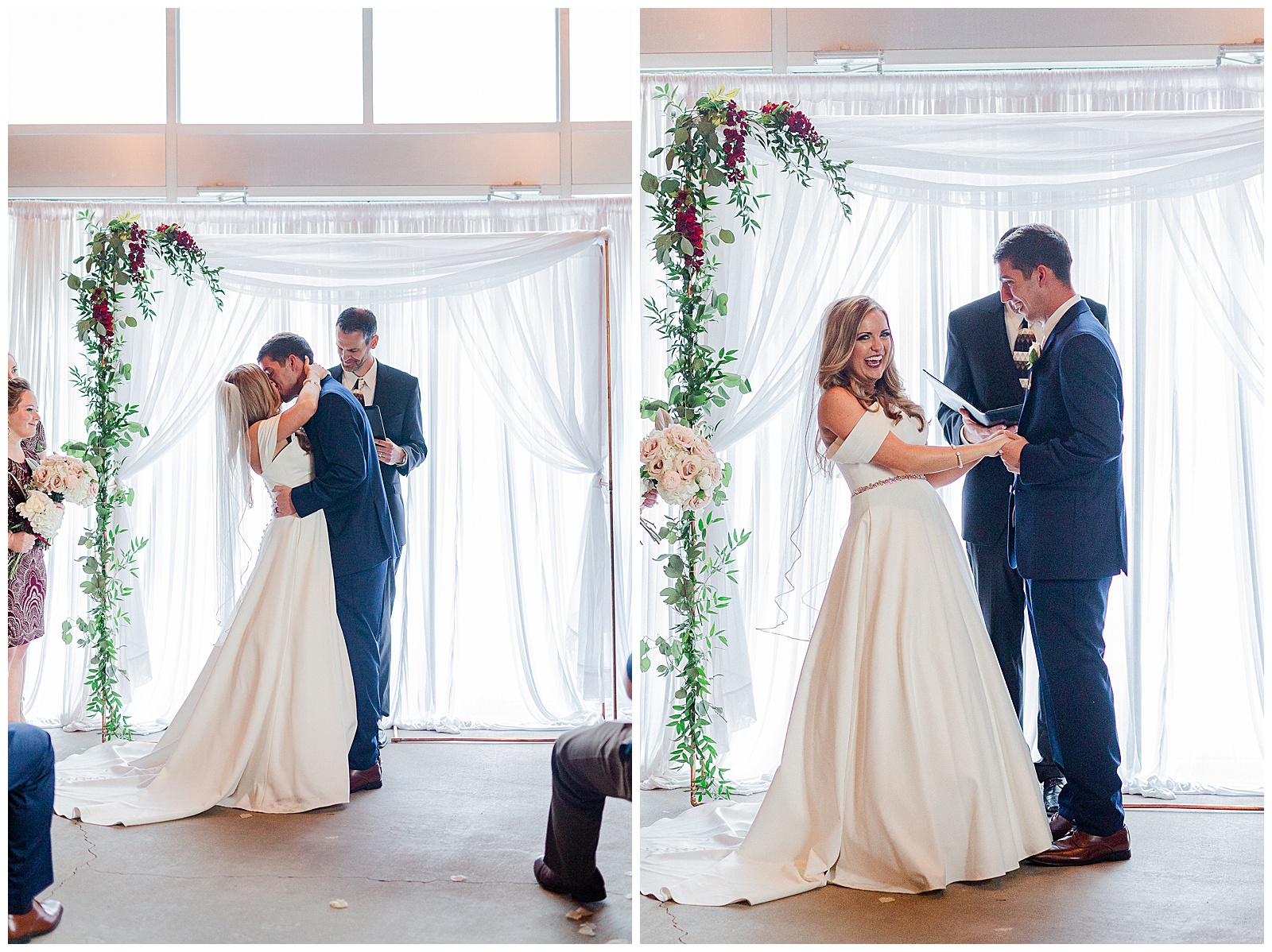 Bride and Groom during summer wedding ceremony in stunning indoor venue with fairy lights in Charlotte, NC | Check out the full wedding at KevynDixonPhoto.com