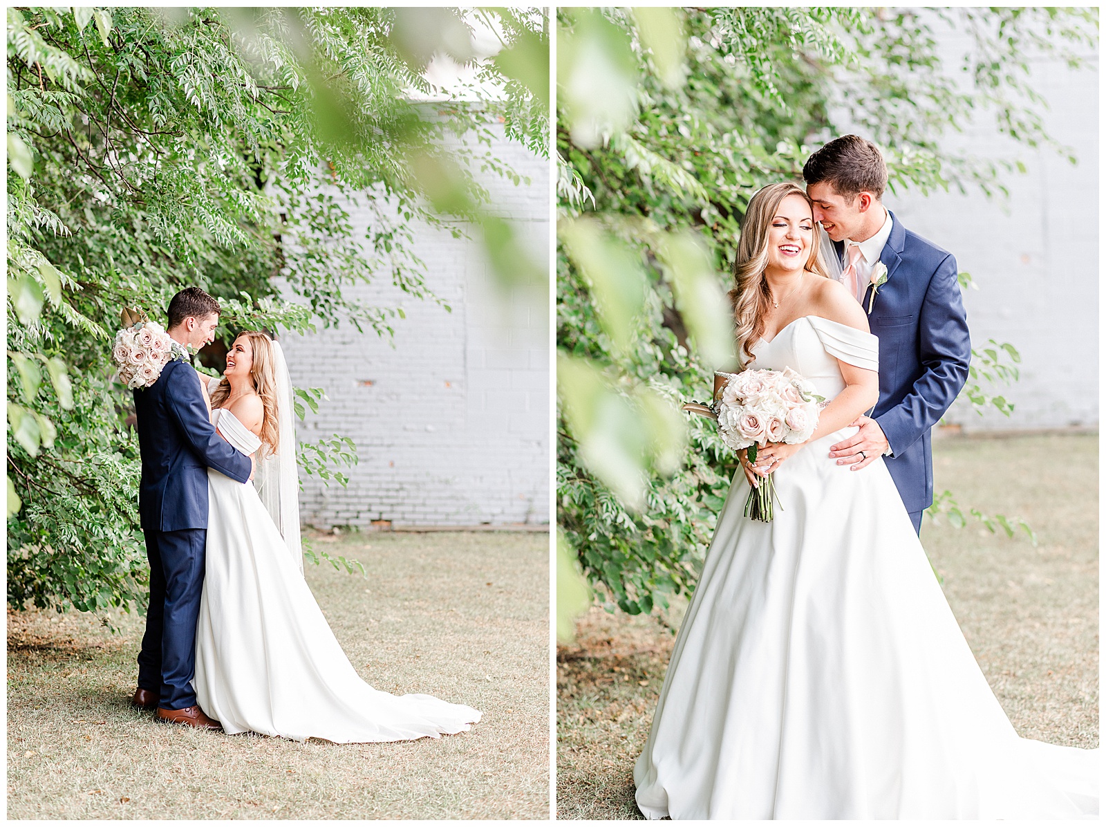 Stunning Bride and Groom with off shoulder wedding dress and blue suit in outdoor portraits in front of white grungy wall from Summer Wedding in Charlotte, NC | Check out the full wedding at KevynDixonPhoto.com