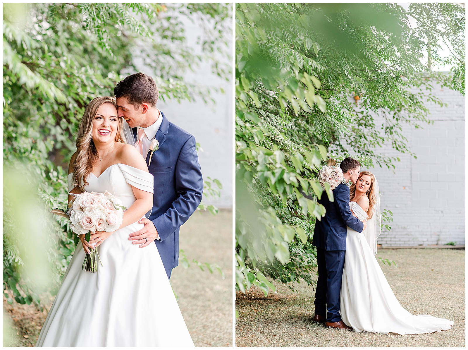 Stunning Bride and Groom with off shoulder wedding dress and blue suit in outdoor portraits in front of white grungy wall from Summer Wedding in Charlotte, NC | Check out the full wedding at KevynDixonPhoto.com
