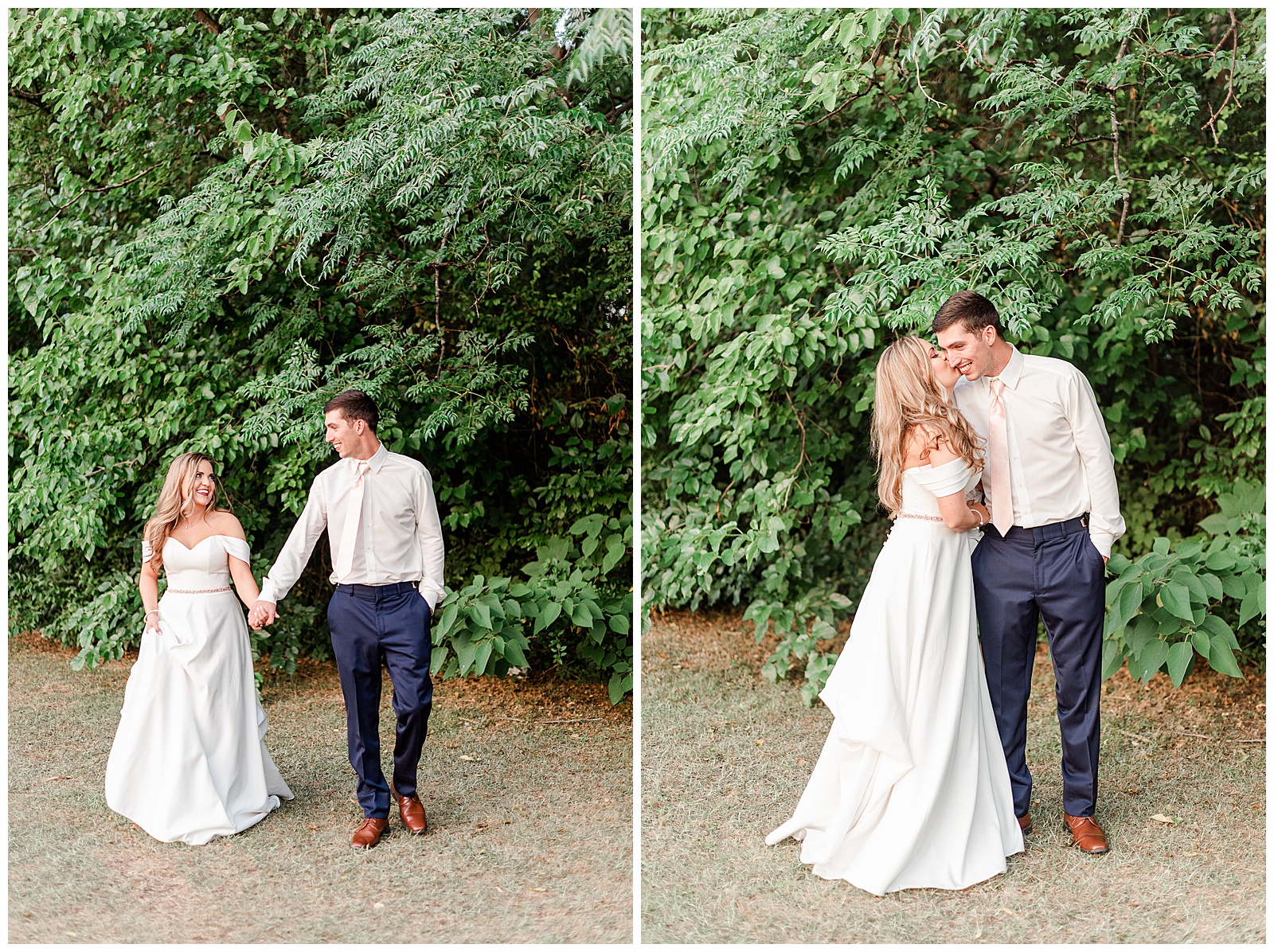 Stunning Modern Bride and Groom with off shoulder wedding dress and blue suit in outdoor portraits from Summer Wedding in Charlotte, NC | Check out the full wedding at KevynDixonPhoto.com