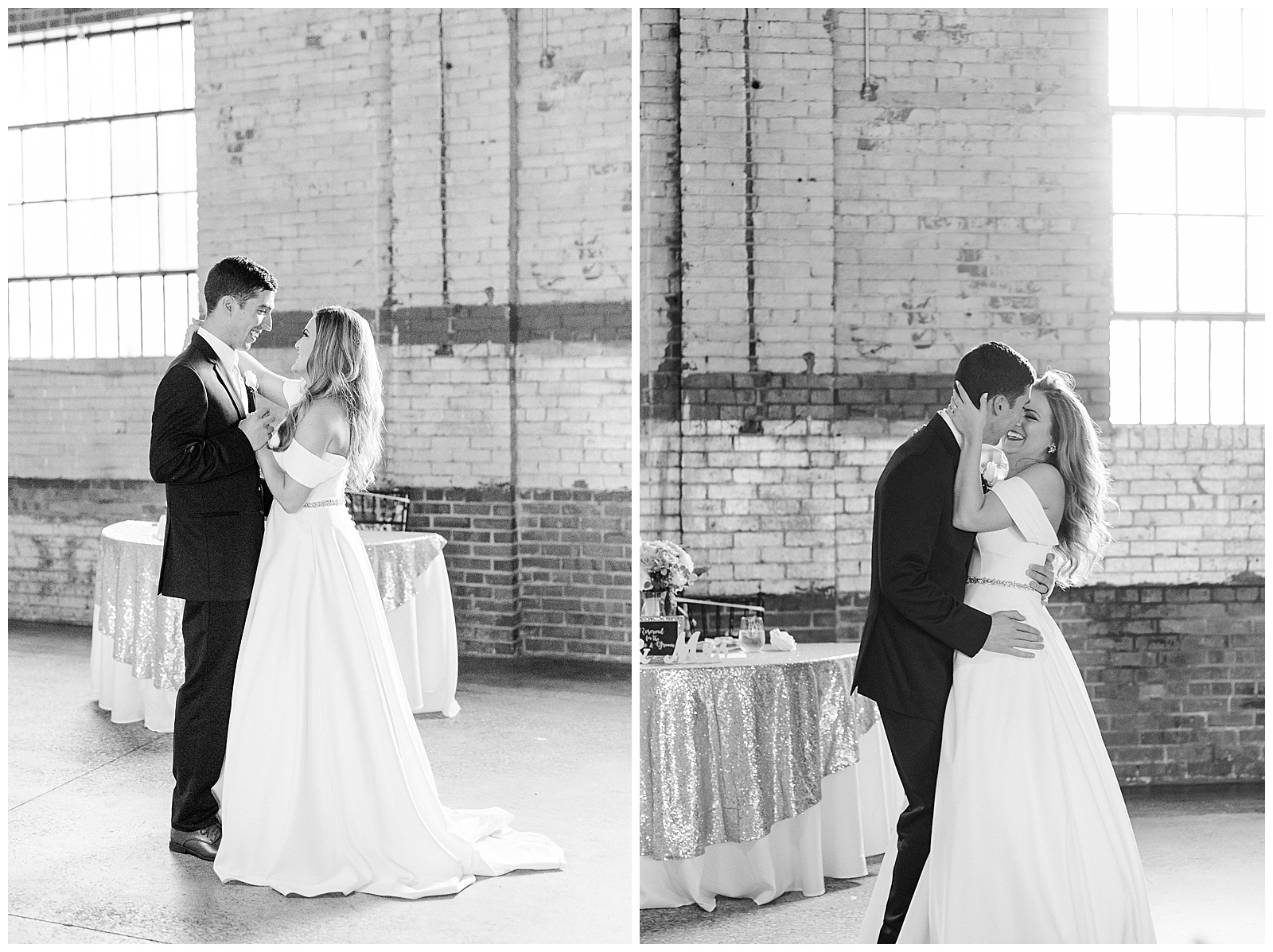 Stunning Modern bride and groom first dance in indoor brick venue from Summer Wedding in Charlotte, NC | Check out the full wedding at KevynDixonPhoto.com