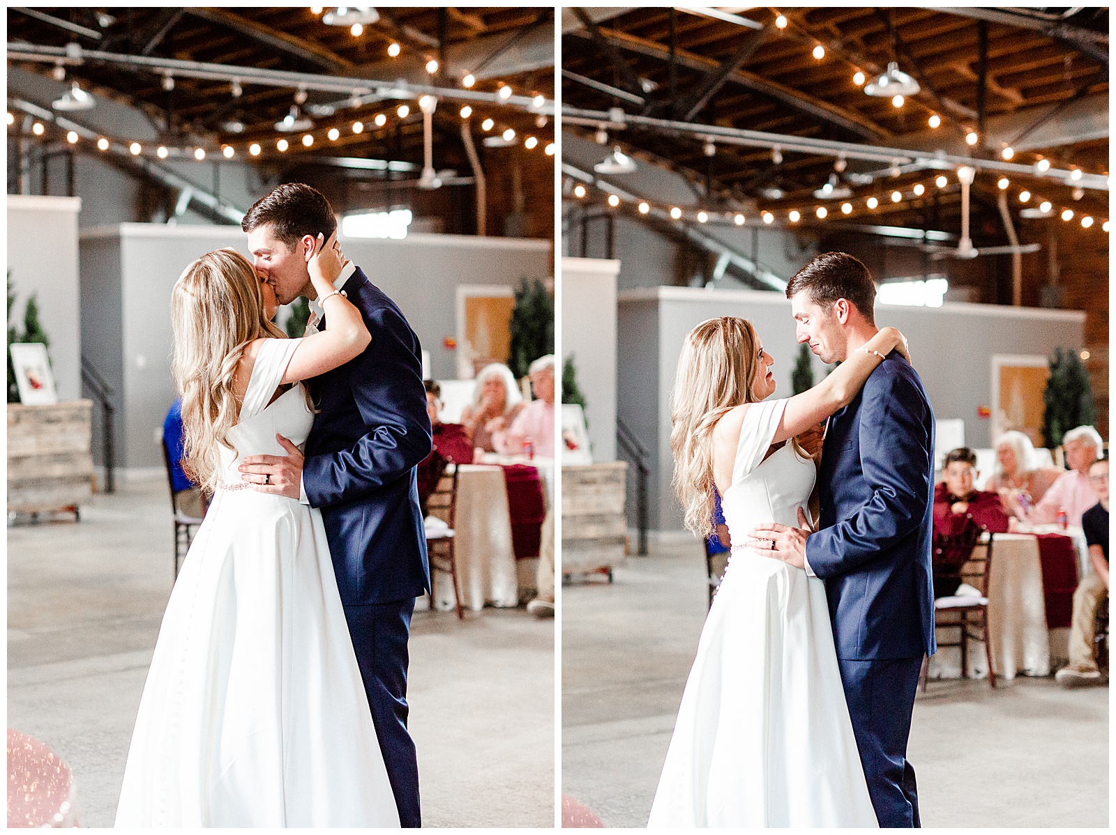 Stunning Modern bride and groom first dance in indoor fairy light venue from Summer Wedding in Charlotte, NC | Check out the full wedding at KevynDixonPhoto.com