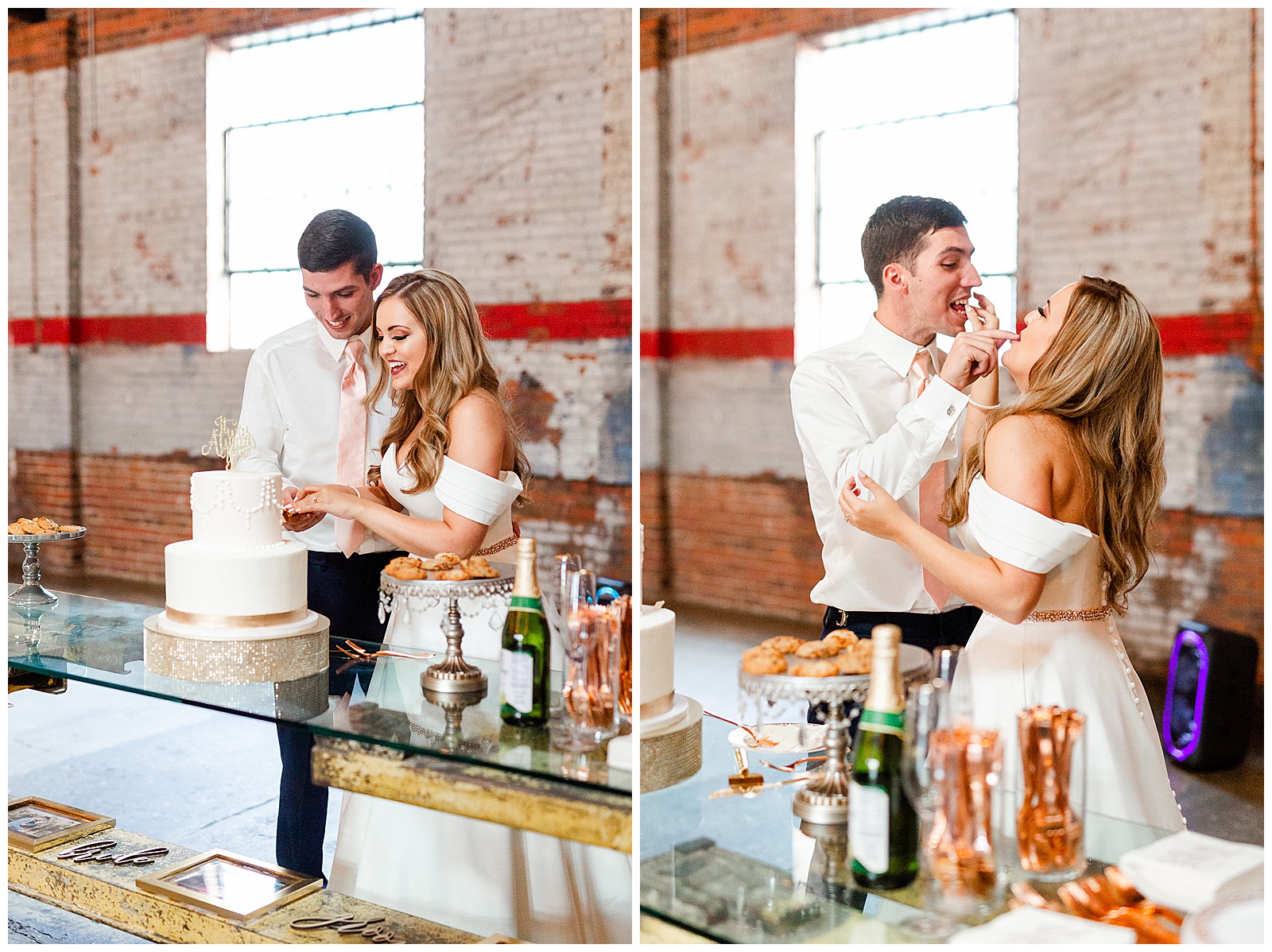 Stunning Modern bride and groom eat wedding cake from Summer Wedding in Charlotte, NC | Check out the full wedding at KevynDixonPhoto.com