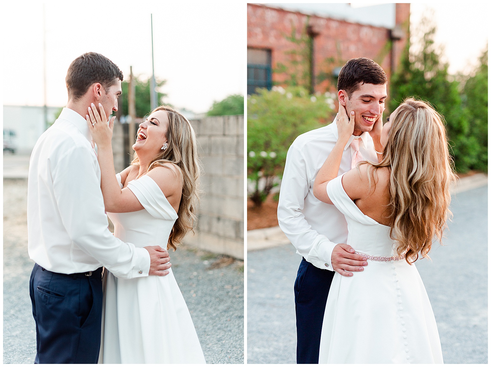 Stunning Modern Bride and Groom with off shoulder wedding dress and blue suit in outdoor portraits in empty parking lot from Summer Wedding in Charlotte, NC | Check out the full wedding at KevynDixonPhoto.com