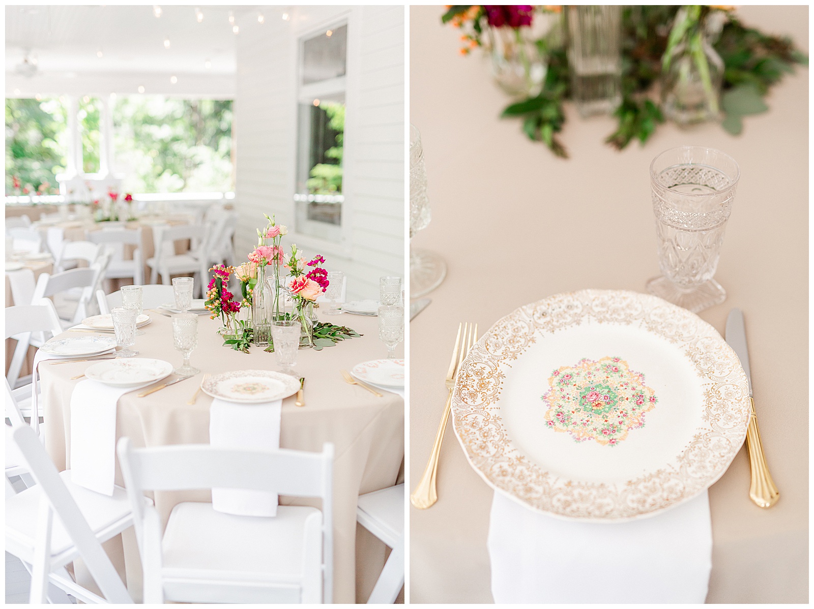 Enchanting white table setting and bright floral centerpiece from Boho Chic Summer Wedding in Charlotte, NC | check out the full wedding at KevynDixonPhoto.com 