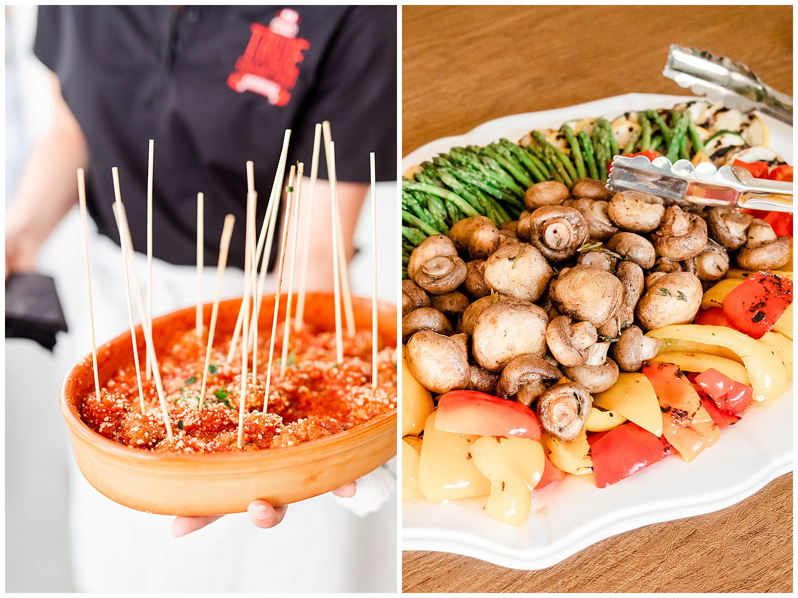 Delicious Mushroom Veggie Appetizer and marinara meatball catering from Bright Boho Chic Summer Wedding in Charlotte, NC | check out the full wedding at KevynDixonPhoto.com