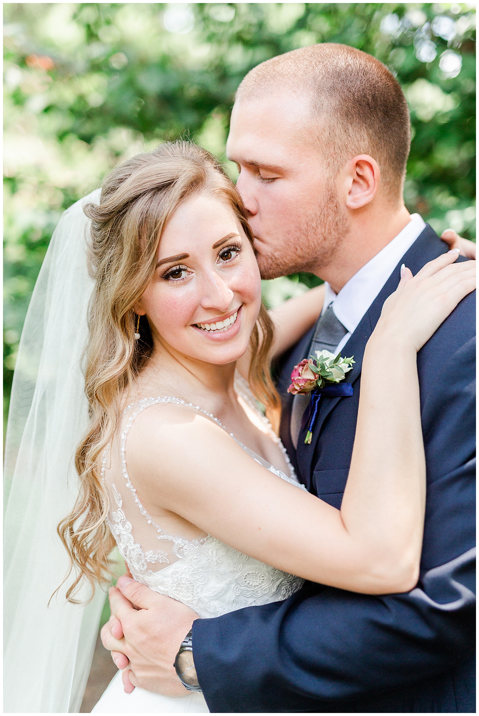 Simple V-Neck Lace wedding dress and dapper groom in blue-gray suit from Elegant Modern Summer Wedding in Charlotte, NC | check out the full wedding at KevynDixonPhoto.com