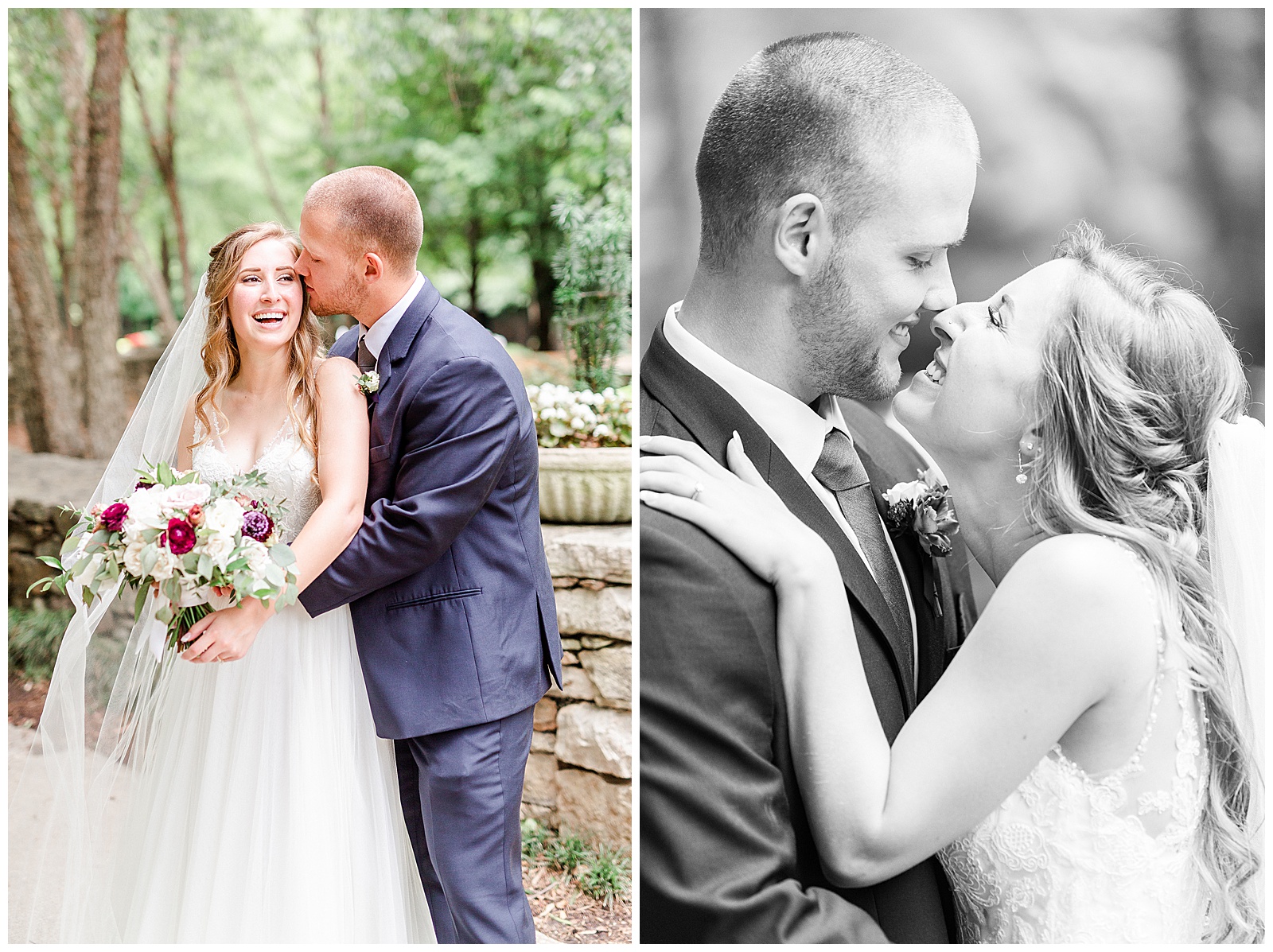 Stunning Model Photos of Gorgeous Bride in Simple V-Neck Lace wedding dress and dapper groom in gray-blue suit from Elegant Modern Summer Wedding in Charlotte, NC | check out the full wedding at KevynDixonPhoto.com