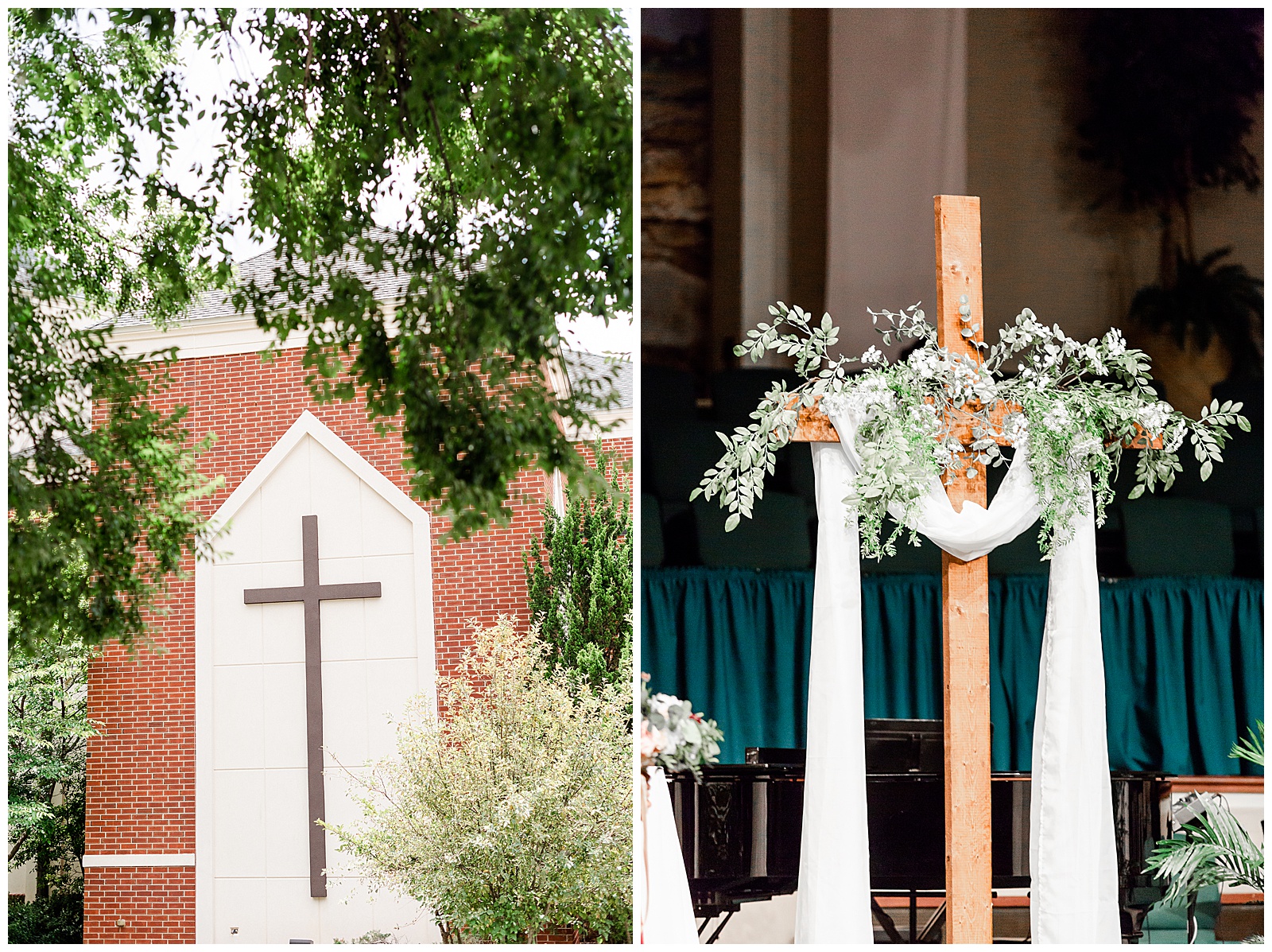 Floral Wooden Cross Altar at Brick Church Wedding Venue from Elegant Modern Summer Wedding in Charlotte, NC | check out the full wedding at KevynDixonPhoto.com