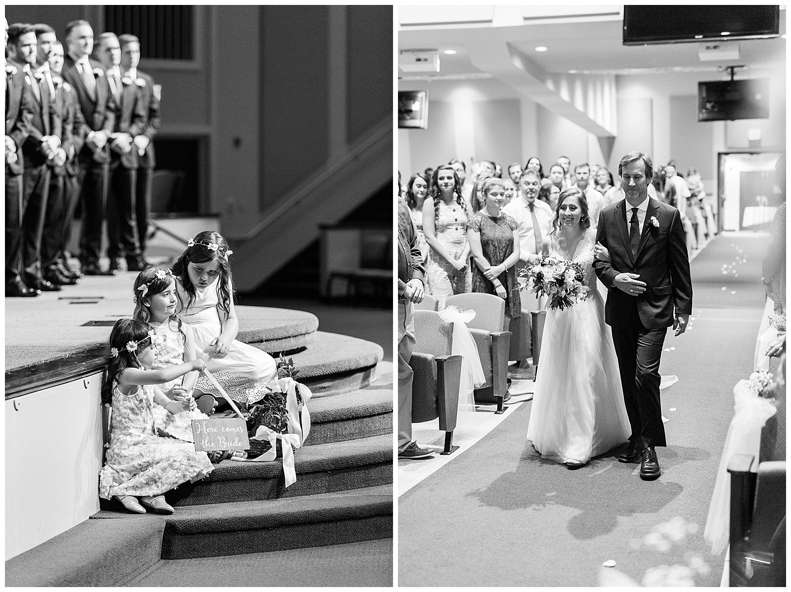 Cute Flower Girls wait for bride to walk down the aisle at Indoor Church Wedding Venue from Elegant Modern Summer Wedding in Charlotte, NC | check out the full wedding at KevynDixonPhoto.com