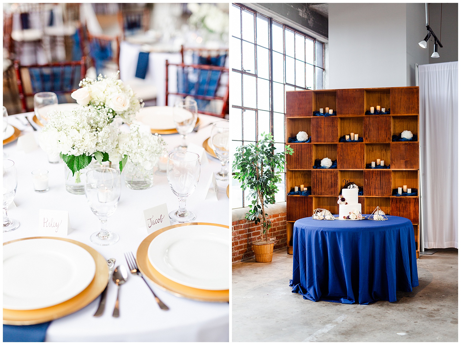 Simple white table setting at Gorgeous Rustic Airy Indoor Wedding Venue from Navy Blue and Gold-Themed Elegant Modern Summer Wedding in Charlotte, NC | check out the full wedding at KevynDixonPhoto.com