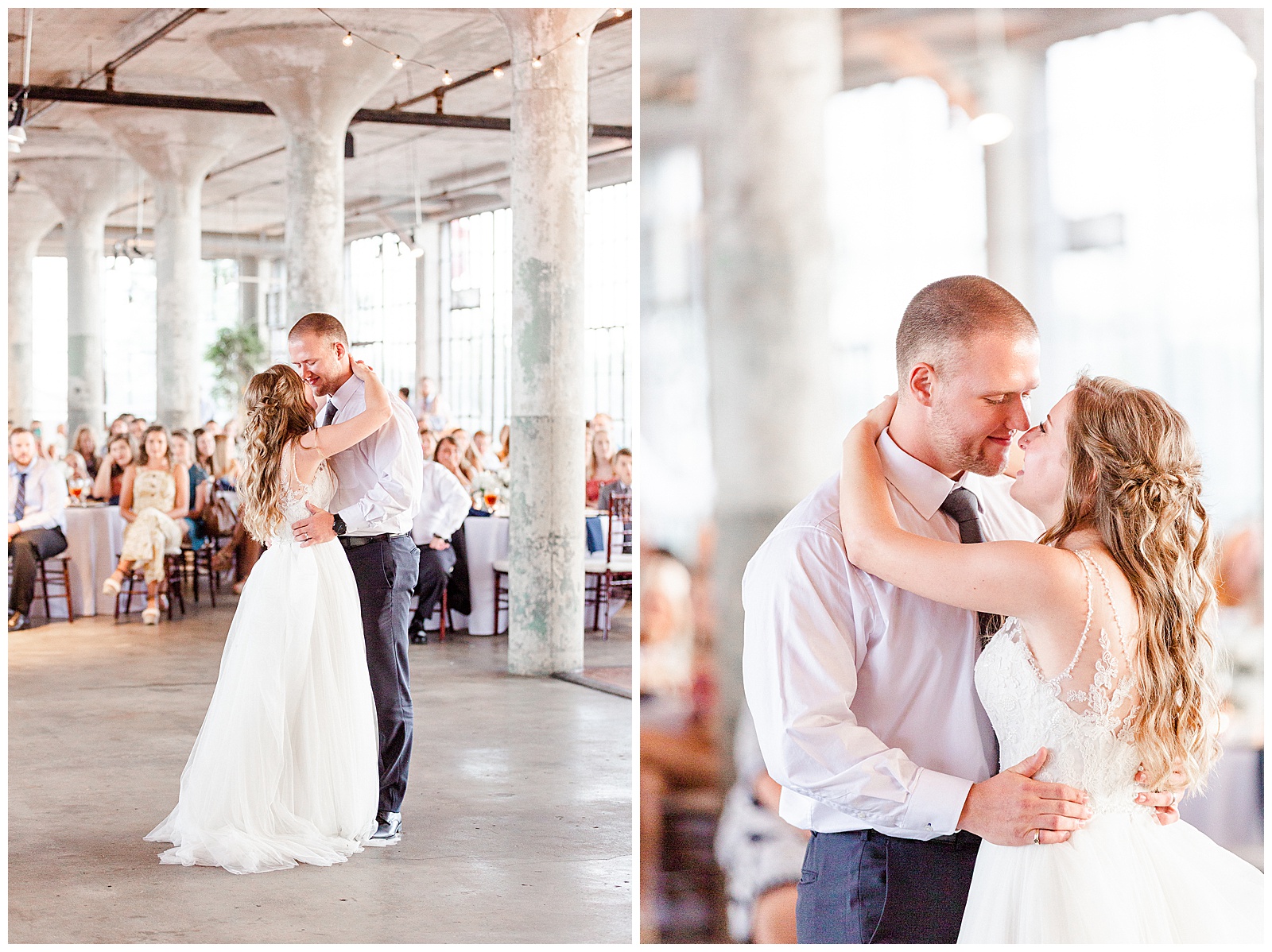 Bride and Groom Emotional First Dance at Rustic Airy Indoor Wedding Venue with fairy lights in Elegant Modern Summer Wedding in Charlotte, NC | check out the full wedding at KevynDixonPhoto.com