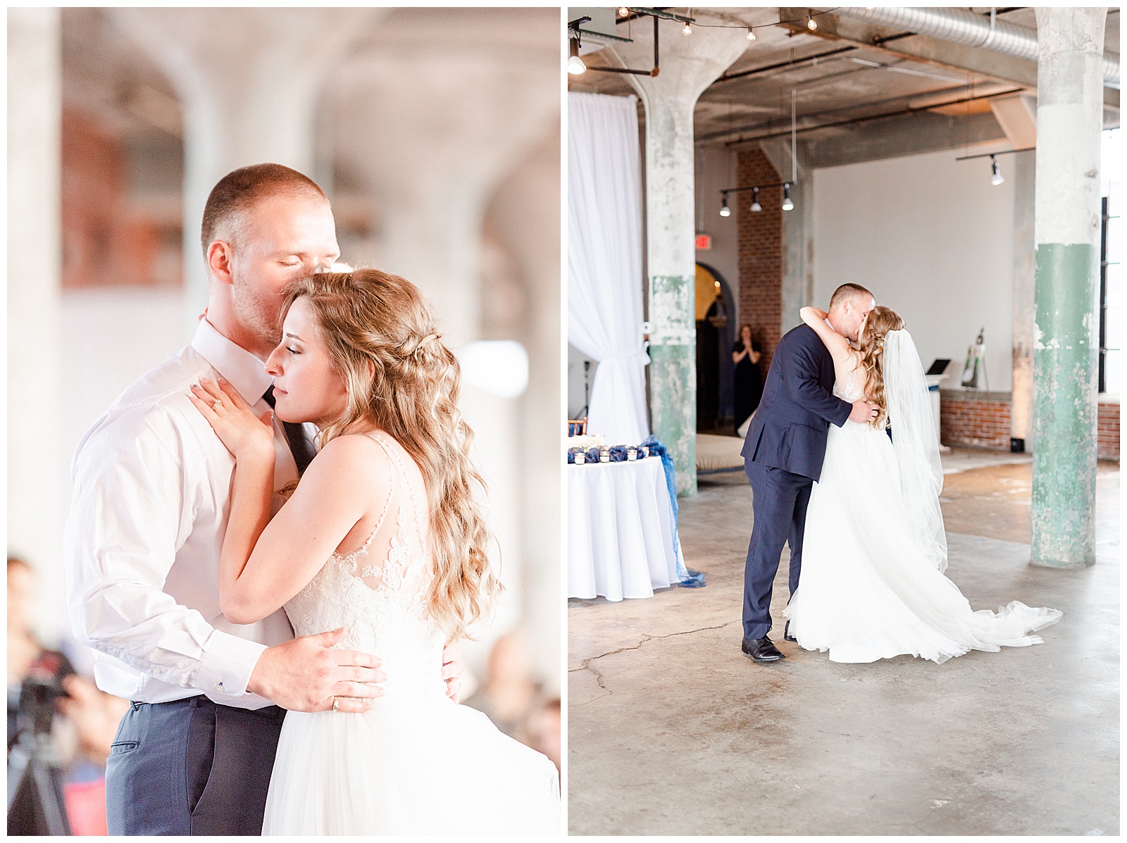 Bride and Groom Emotional First Dance at Rustic Airy Indoor Wedding Venue with fairy lights in Elegant Modern Summer Wedding in Charlotte, NC | check out the full wedding at KevynDixonPhoto.com