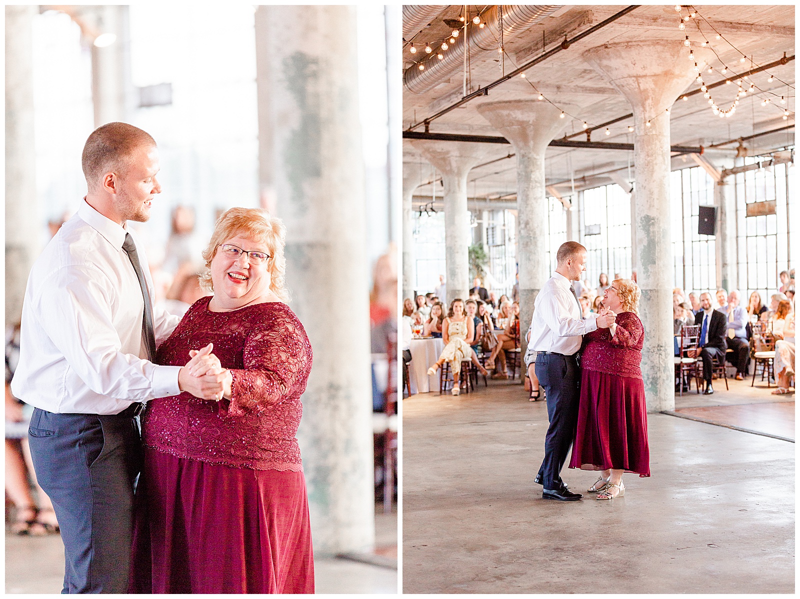 Sweet Groom and Mom Mother-Son dance at Rustic Airy Indoor Wedding Venue with fairy lights in Elegant Modern Summer Wedding in Charlotte, NC | check out the full wedding at KevynDixonPhoto.com