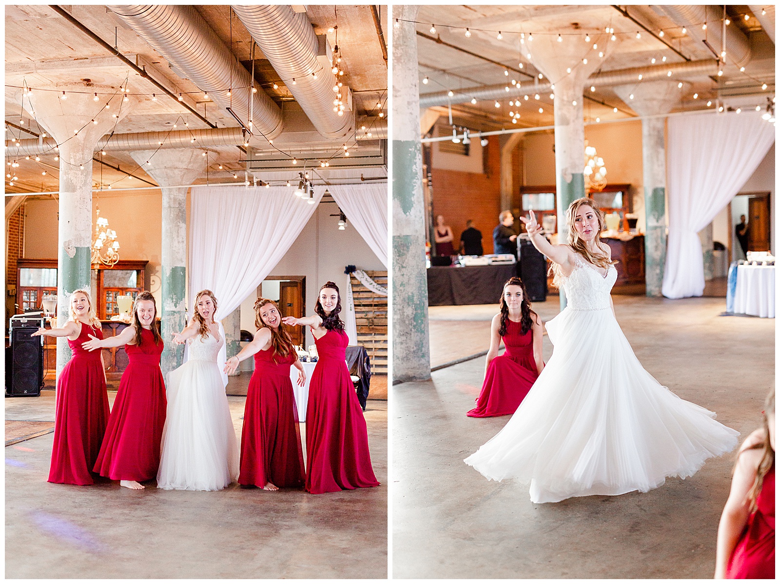 Bride Surprises Groom with Bridesmaid Dance at Rustic Airy Indoor Wedding Venue with fairy lights - Red-Themed Bridesmaid Dress Ideas from Elegant Modern Summer Wedding in Charlotte, NC | check out the full wedding at KevynDixonPhoto.com