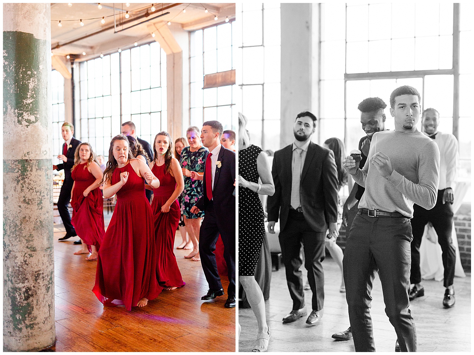 Join the dance party at Rustic Airy Indoor Wedding Venue with fairy lights - Red-Themed Bridesmaid Dress Ideas from Elegant Modern Summer Wedding in Charlotte, NC | check out the full wedding at KevynDixonPhoto.com