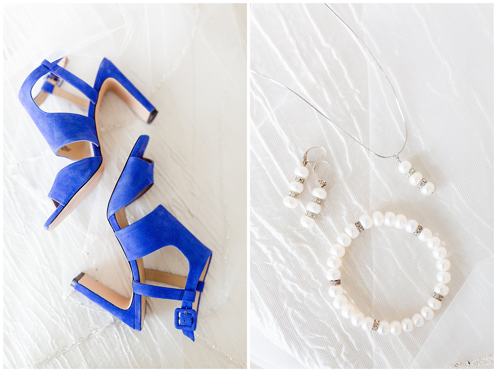 Strappy Blue Sandal High Heels and Pearls from Gorgeous Modern Vintage Wedding in Charlotte, NC | check out the full wedding at KevynDixonPhoto.com