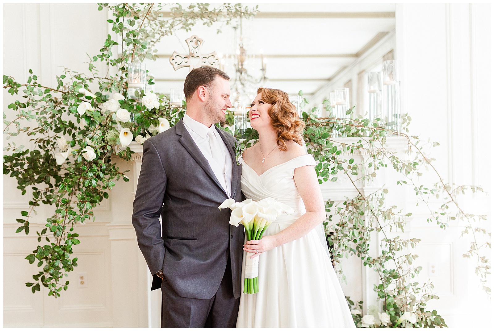 Gorgeous Bride Groom Portraits at elegant indoor floral venue in 1940s Modern Vintage Wedding in Charlotte, NC | check out the full wedding at KevynDixonPhoto.com