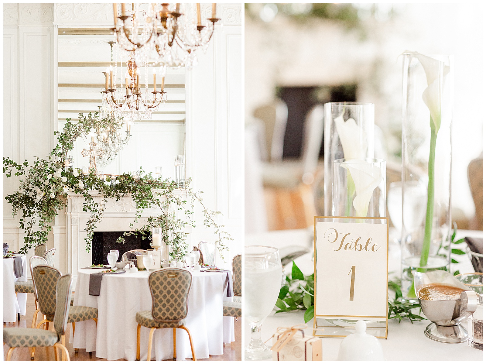 Elegant indoor lily-themed floral table setting and decor in Gorgeous 1940s Modern Vintage Wedding in Charlotte, NC | check out the full wedding at KevynDixonPhoto.com 