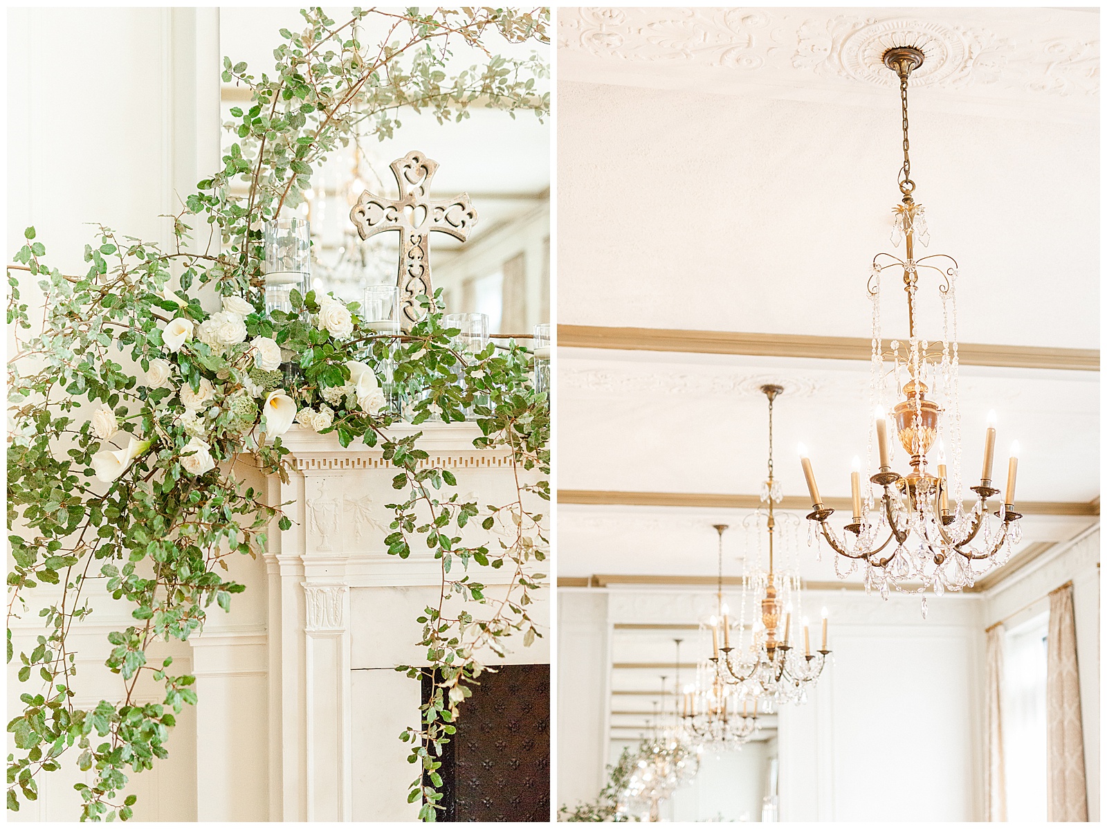 Elegant indoor lily-themed floral decor and gold crystal chandeliers in Gorgeous 1940s Modern Vintage Wedding in Charlotte, NC | check out the full wedding at KevynDixonPhoto.com 