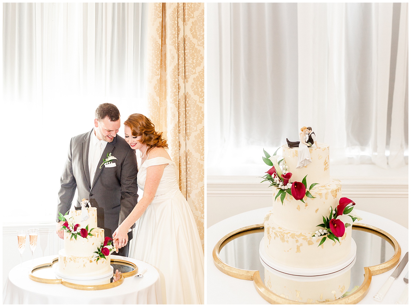 Gorgeous Red-Haired Bride and Groom cut the cake at Elegant 1940s Modern Vintage Wedding in Charlotte, NC | check out the full wedding at KevynDixonPhoto.com 