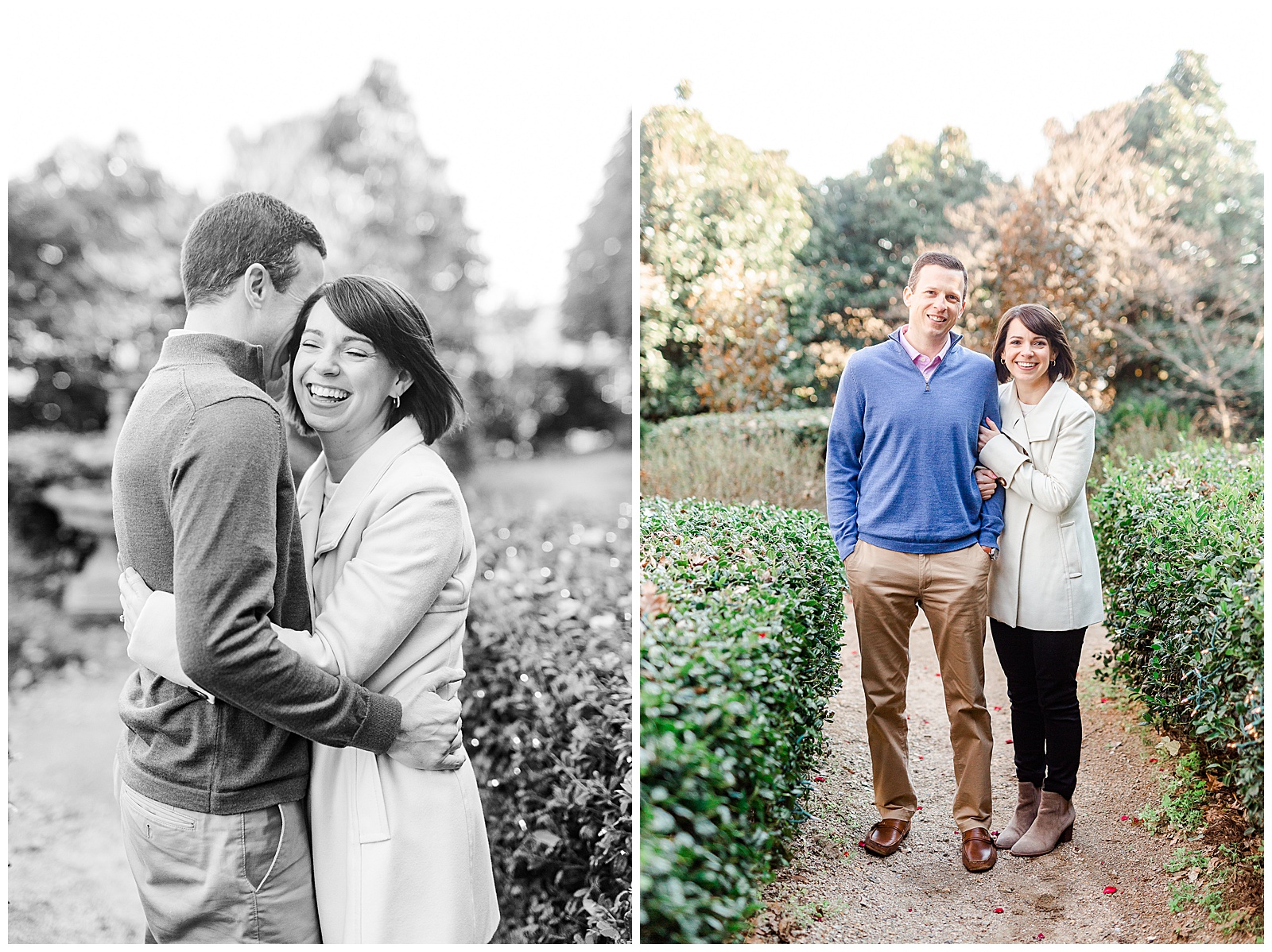 Sweet Couple Walking in Park for Outdoor Winter Engagement Session in NC - white coat, short brown hair bride outfit ideas