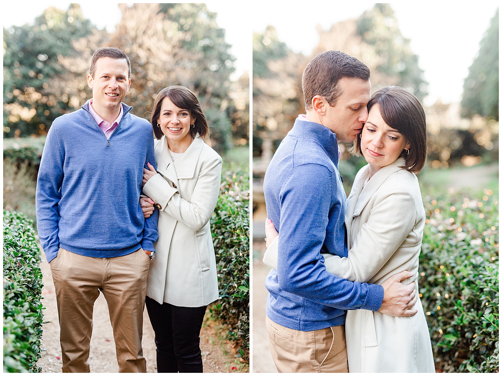 Sweet Couple Walking in Park for Outdoor Winter Engagement Session in NC - white coat, short brown hair bride outfit ideas