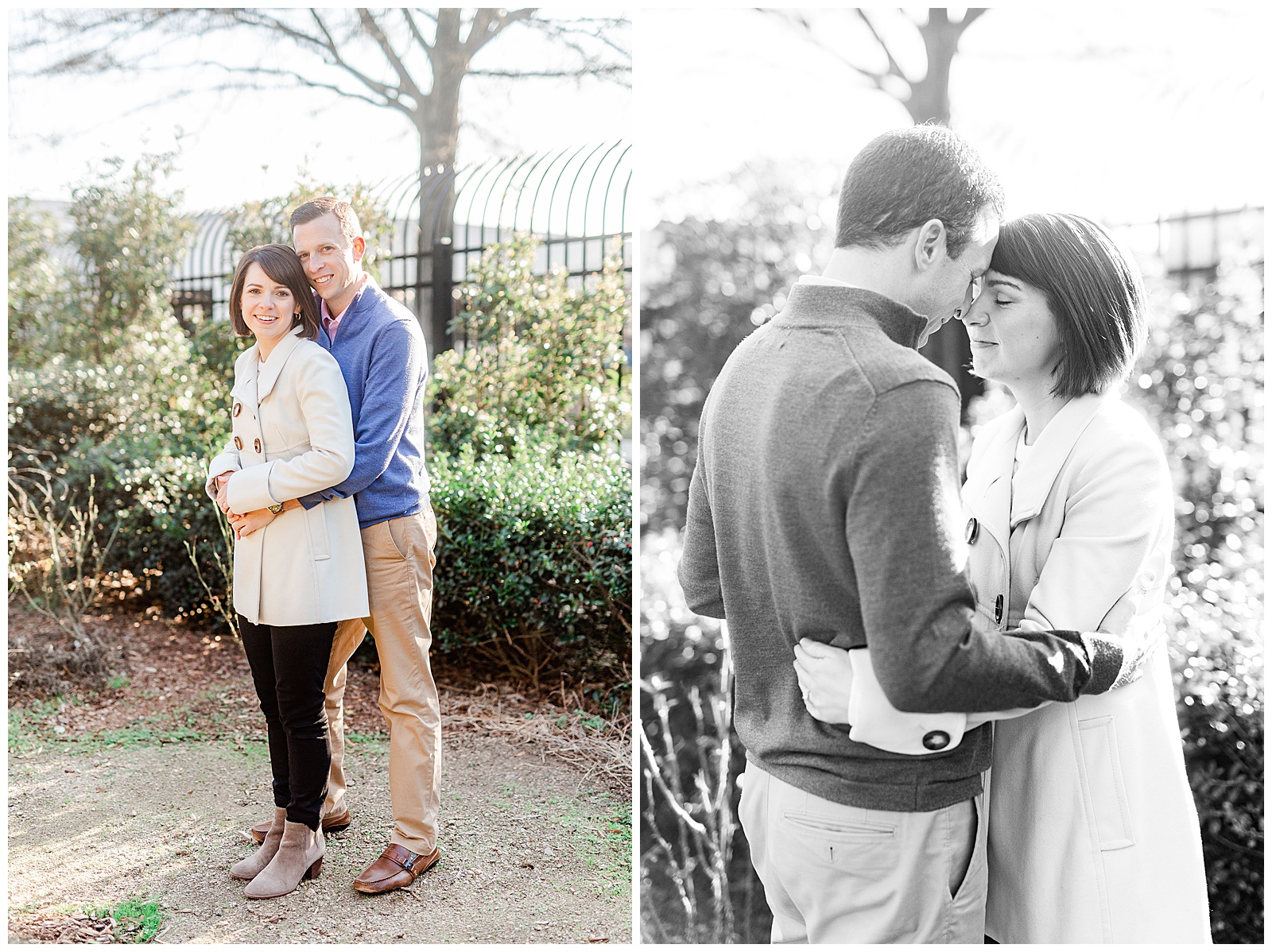 Sweet Couple in Park at Outdoor Winter Engagement Session in NC - white coat, short brown hair bride outfit ideas