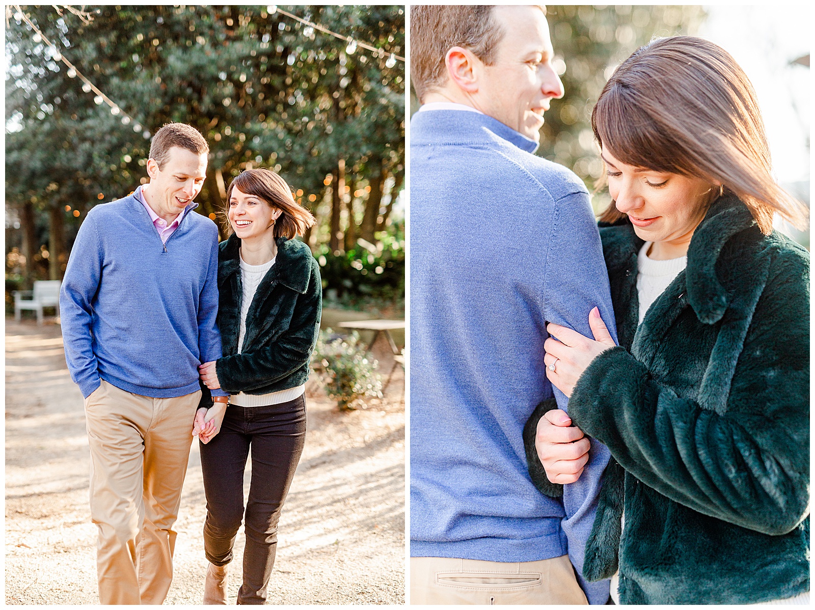 Sweet Couple in Park at Outdoor Winter Golden Hour Engagement Session in NC - green fuzzy coat, short brown hair bride outfit ideas