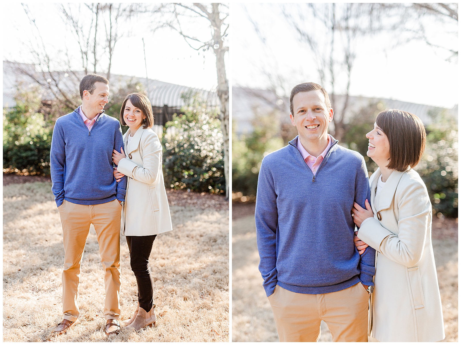 Sweet Couple in Park at Outdoor Winter Golden Hour Engagement Session in NC - white coat, short brown hair bride outfit ideas