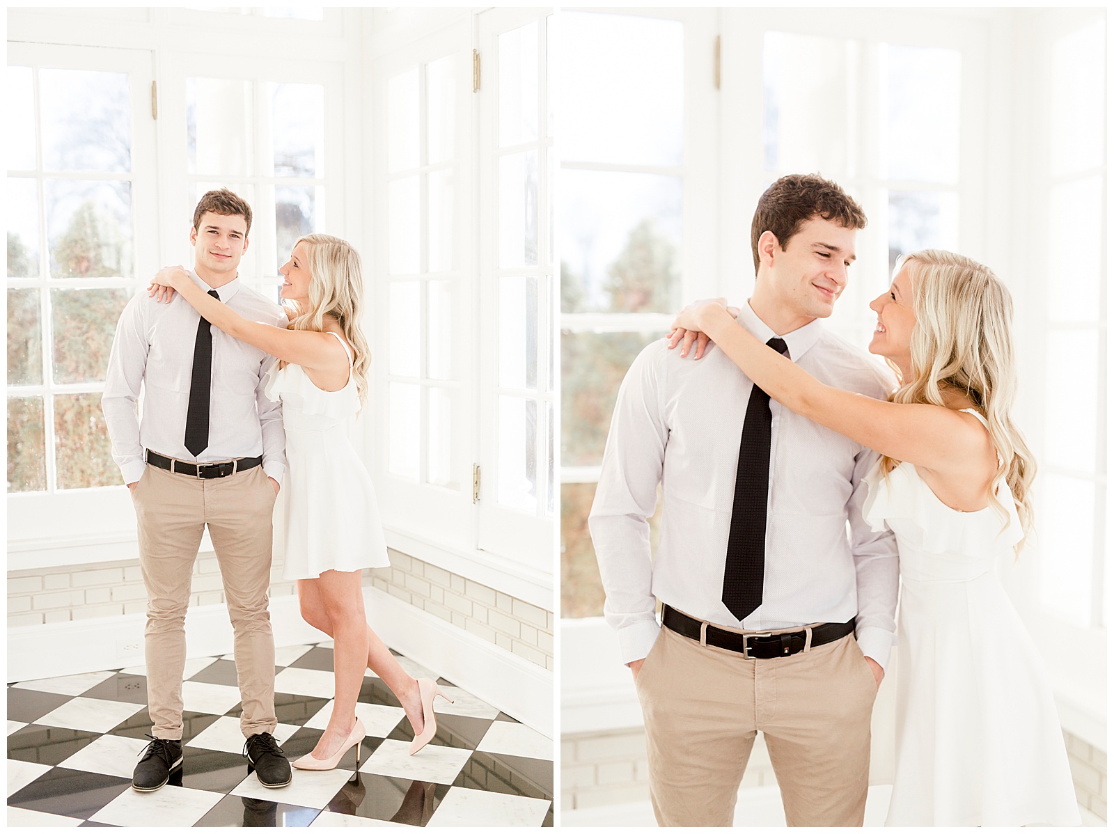 Adorable Couple Hug in Gorgeous Light and Airy Separk Mansion Engagement Session - classy black and white dress outfit ideas