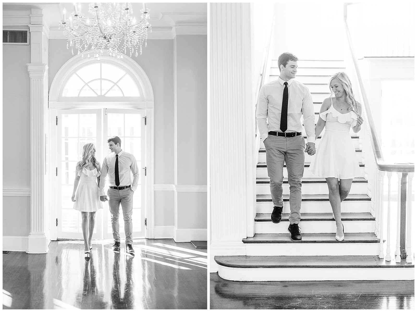 Adorable Couple Posing in Gorgeous Light and Airy Separk Mansion Engagement Session - classy black and white dress outfit ideas