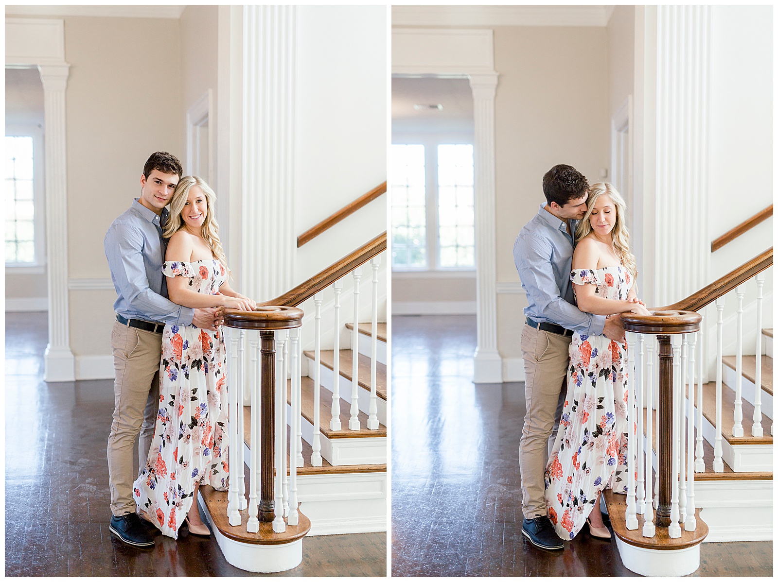 Adorable Couple Posing in Gorgeous Light and Airy Separk Mansion Engagement Session - classy cute floral maxi dress outfit ideas
