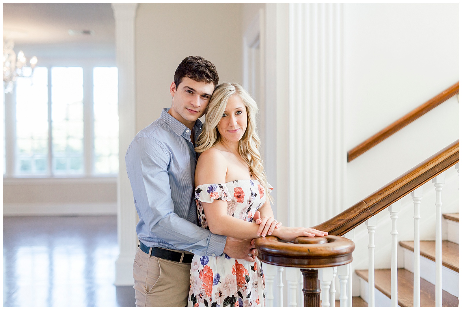 Adorable Couple Posing in Gorgeous Light and Airy Separk Mansion Engagement Session - classy cute floral maxi dress outfit ideas
