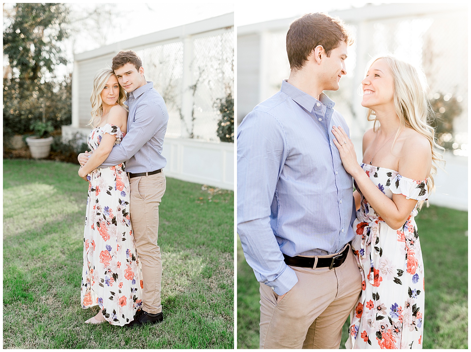 Adorable Couple Posing Outdoors in Gorgeous Light and Airy Separk Mansion Engagement Session - classy cute floral maxi dress outfit ideas